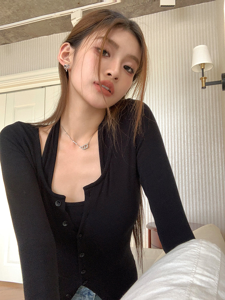 26Jun. 漫畫腰 顯瘦假兩件式背心上衣 黑