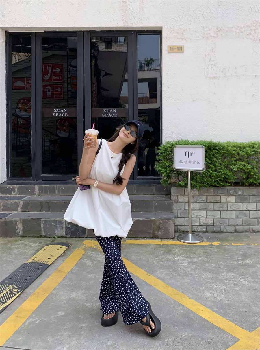 26Jun. 簡約百搭休閒花苞背心上衣裙 碎花喇叭褲