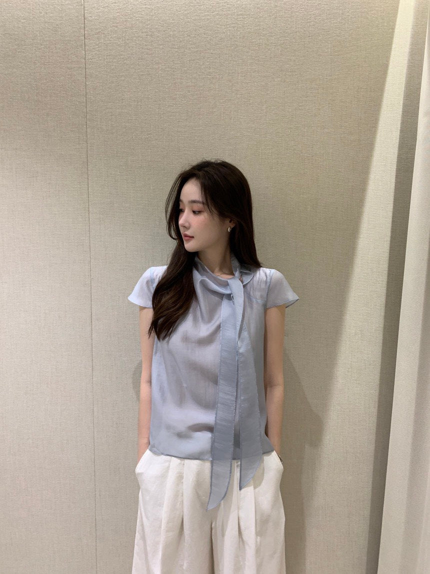 26Jun. 慵懶甜美繫帶領微透視上衣 粉/藍