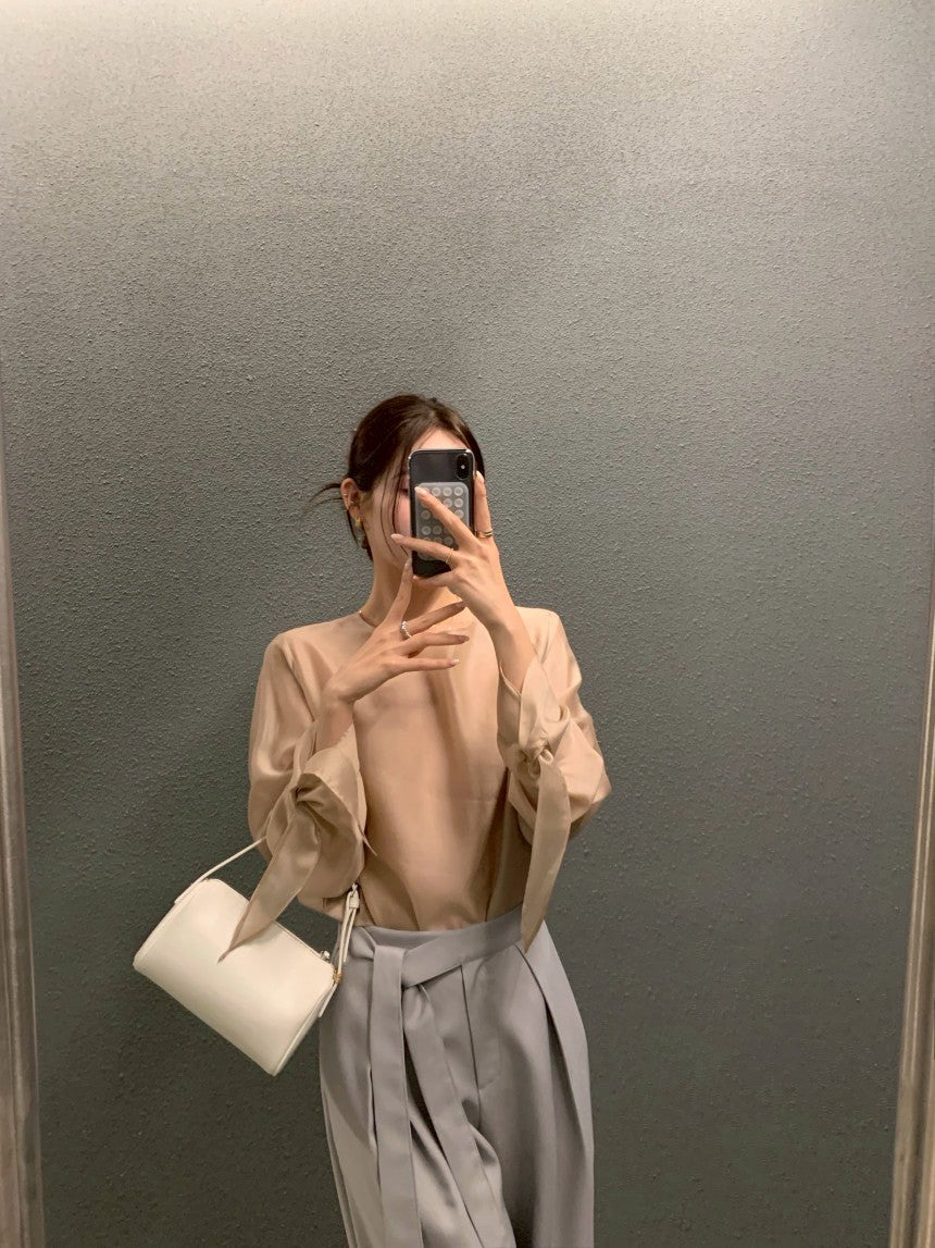 26Jun. 春夏chic韓系簡約蝴蝶結綁袖上衣 杏/卡其