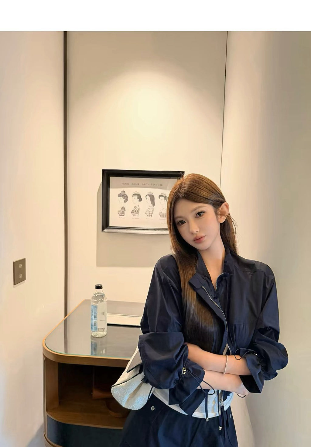 26Sep. 美式戶外 工裝休閒外套短褲套裝 白/藏藍