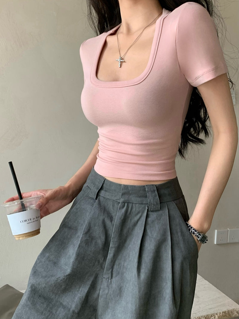 26Jun. 不顯多 歐美百搭大U領顯瘦短T 卡其/粉