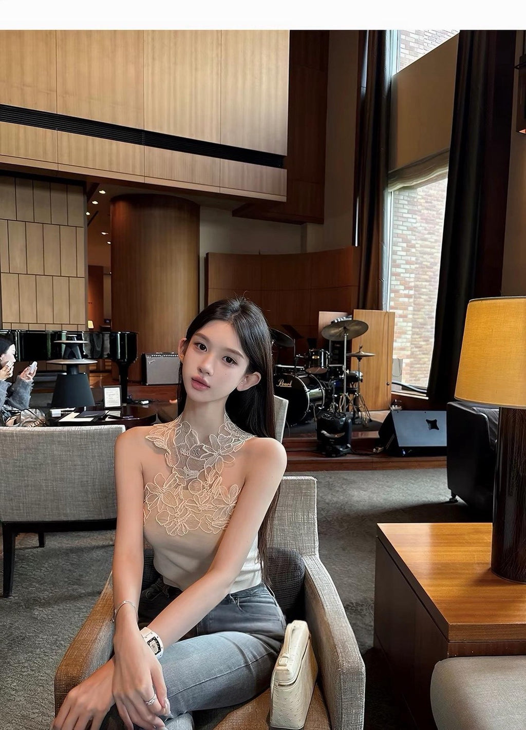 26Jul. 氣質lace訂做蕾絲花針織背心 杏