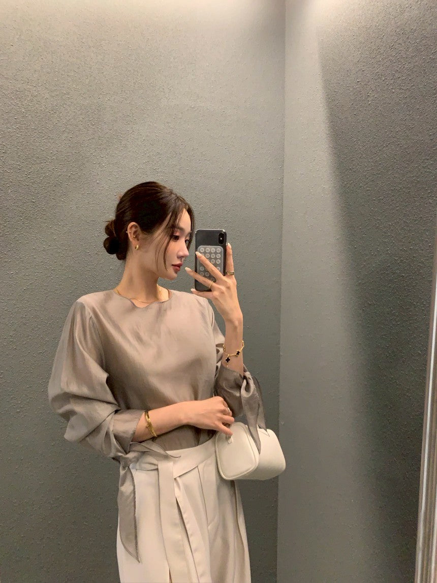26Jun. 春夏chic韓系簡約蝴蝶結綁袖上衣 灰/黑