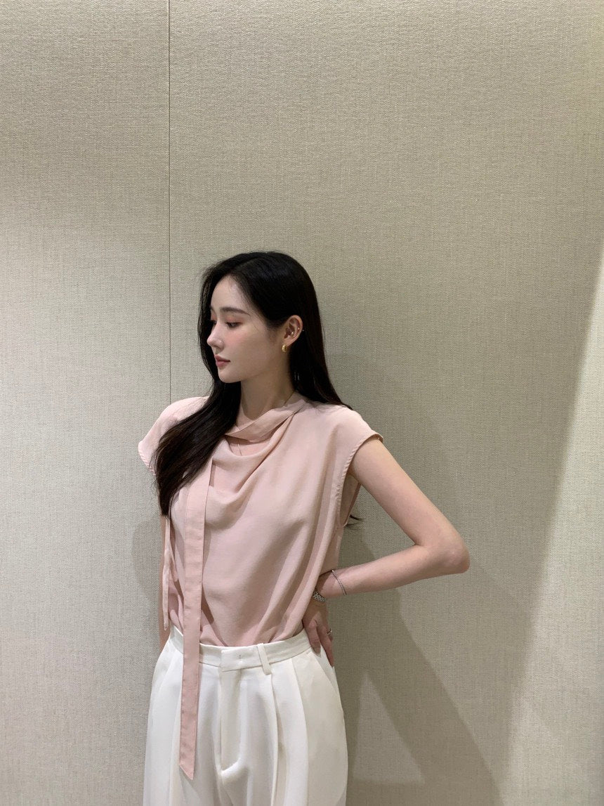 26Jun. 知性優雅飄帶小袖上衣 淺粉/米