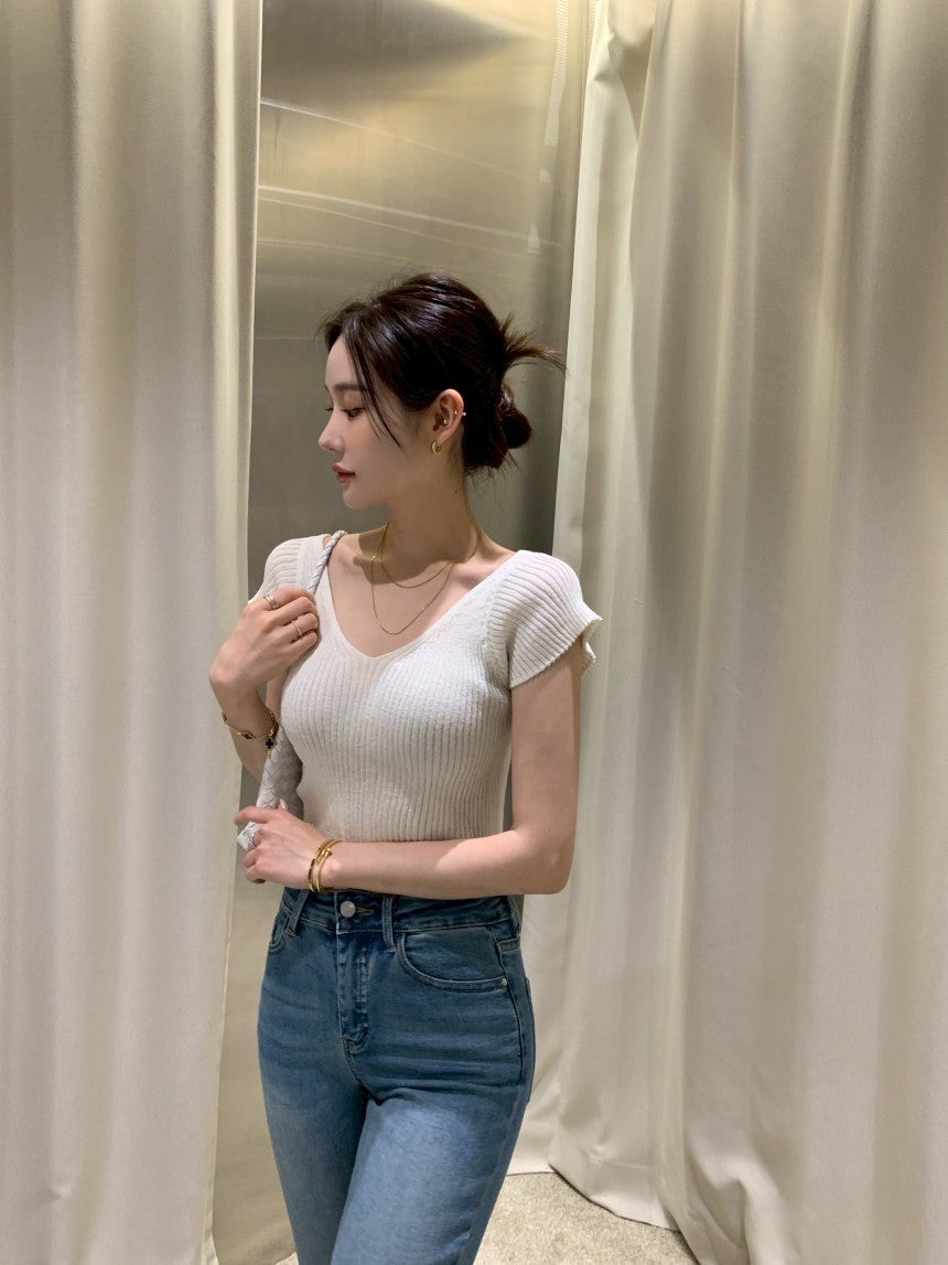 26Jun. 瘦瘦針紙衫 V領美背小綁帶設計上衣 白/淺藍