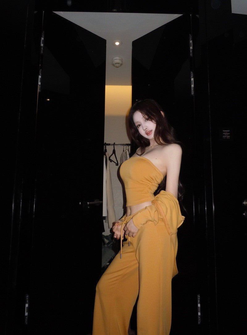 26Jun. 歐美女 休閒時髦抹胸收腰外套套裝 抽繩休閒褲 黃