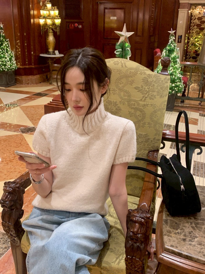 26Jun. 韓女鬆弛感高領泡泡針織上衣 杏/灰