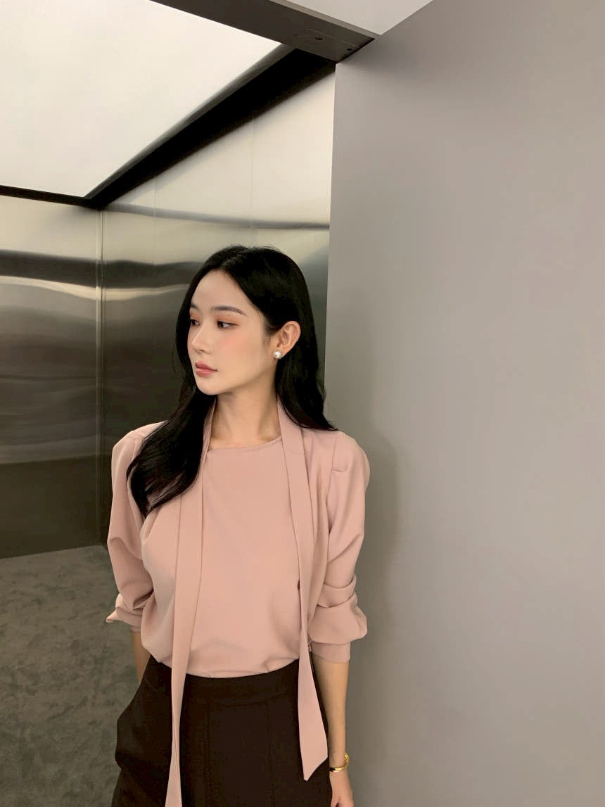 26Jun. 法式新款掛脖飄帶氣質上衣 粉/藍