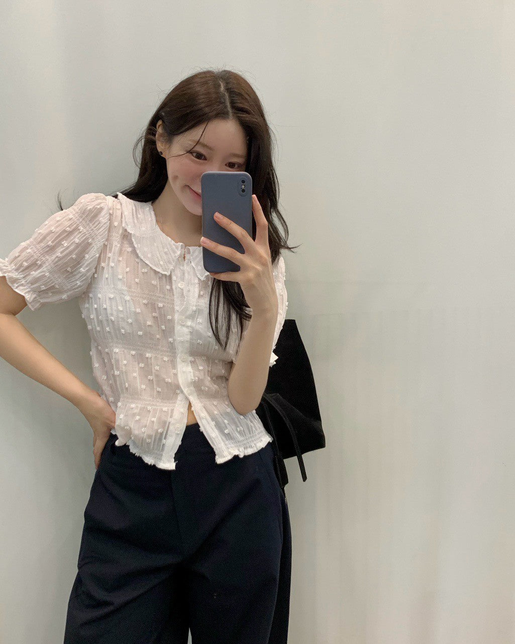 26Sep. 甜美娃娃領花摺雪紡上衣 白