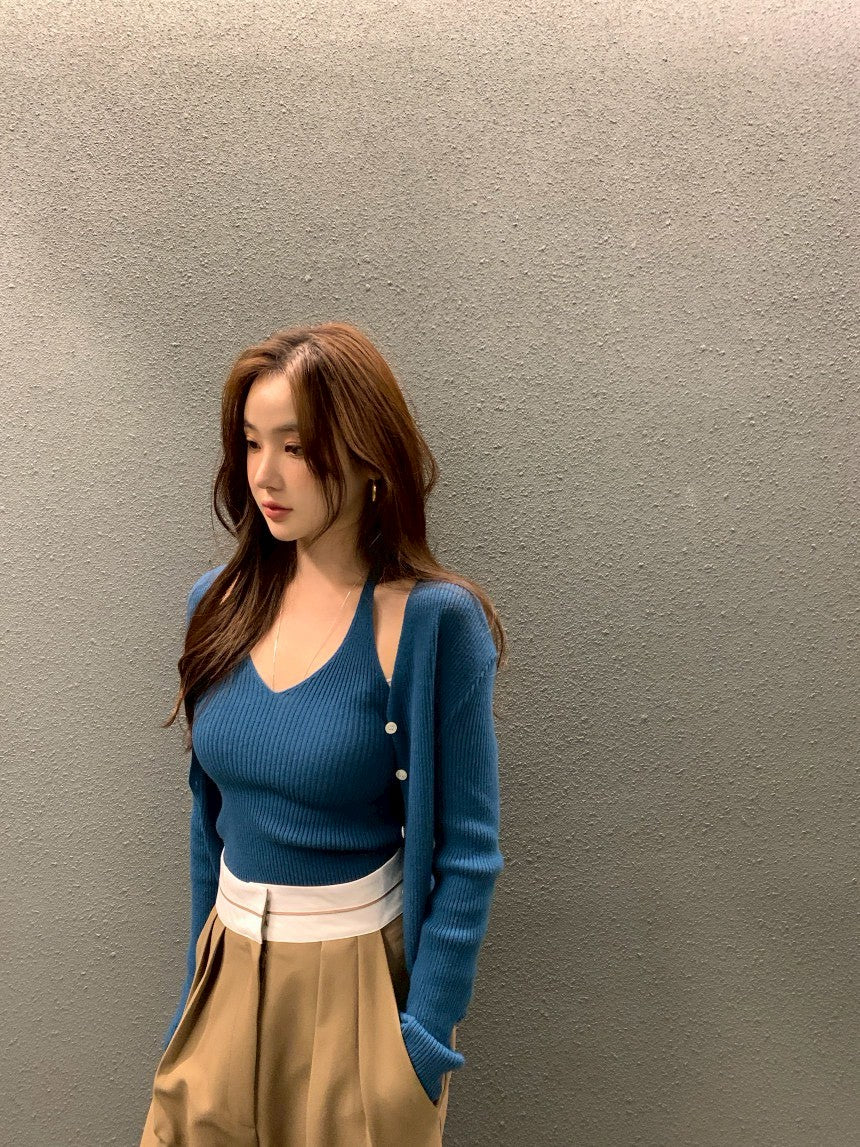 26Jun. 慵懶chic針織V領挖背2件套 藍