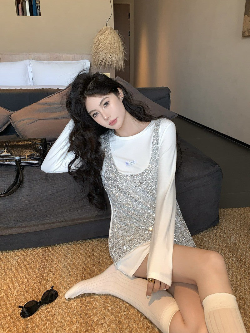 26Jun. 大王blingbling 絨絲亮片拼接圓領上衣 白/灰