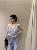 26Jun. 復古菱格掛脖針織背心 淺藍