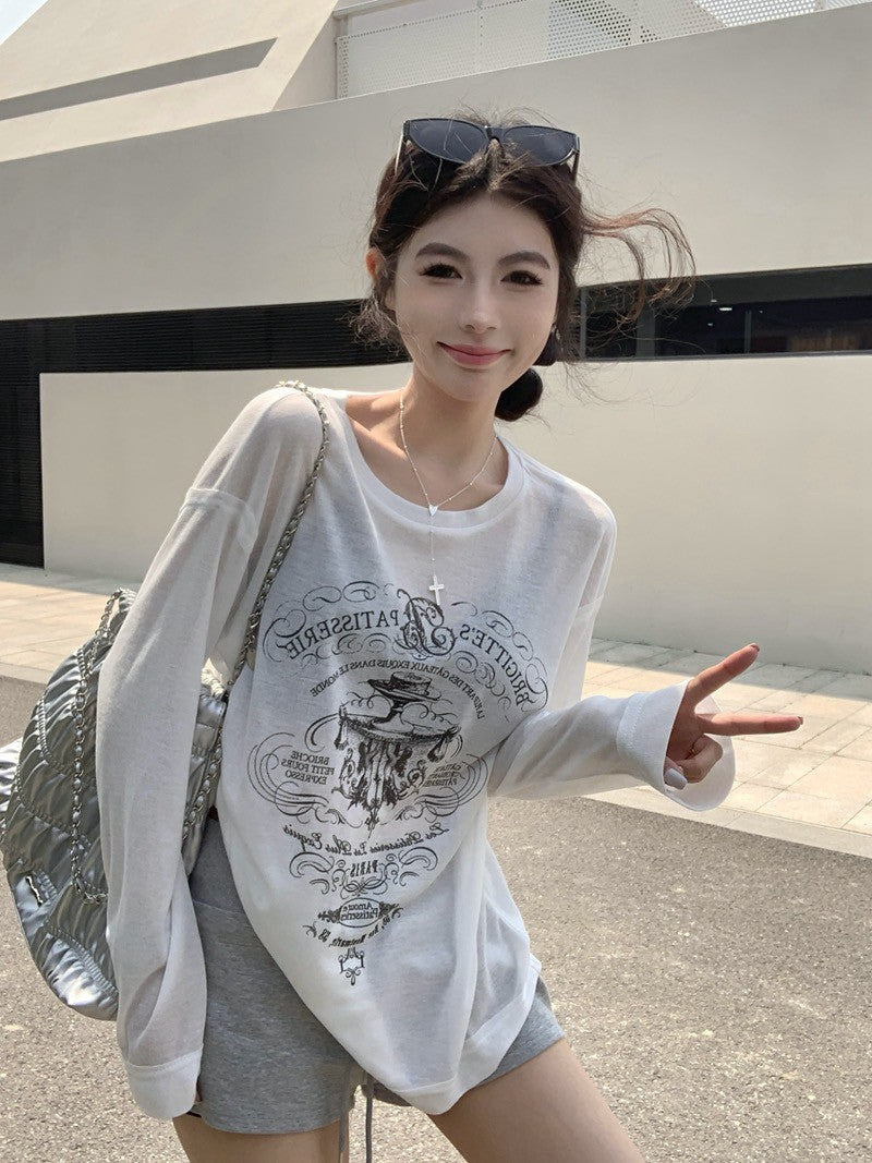 26Jun. 俏皮防曬模式 圓領美式印花上袖上衣 白