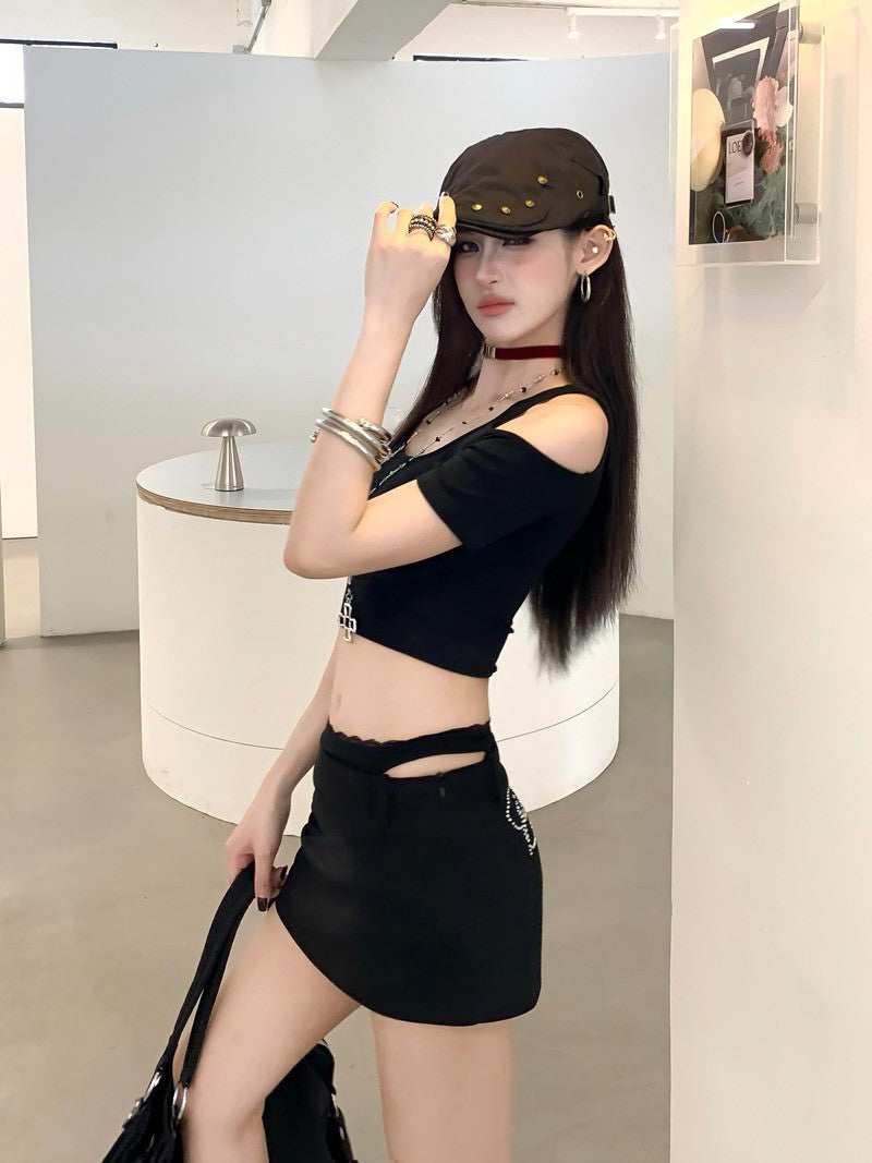 26Jun. 性感假兩件燙鑽中低腰半身裙 3色（加購價不單售）