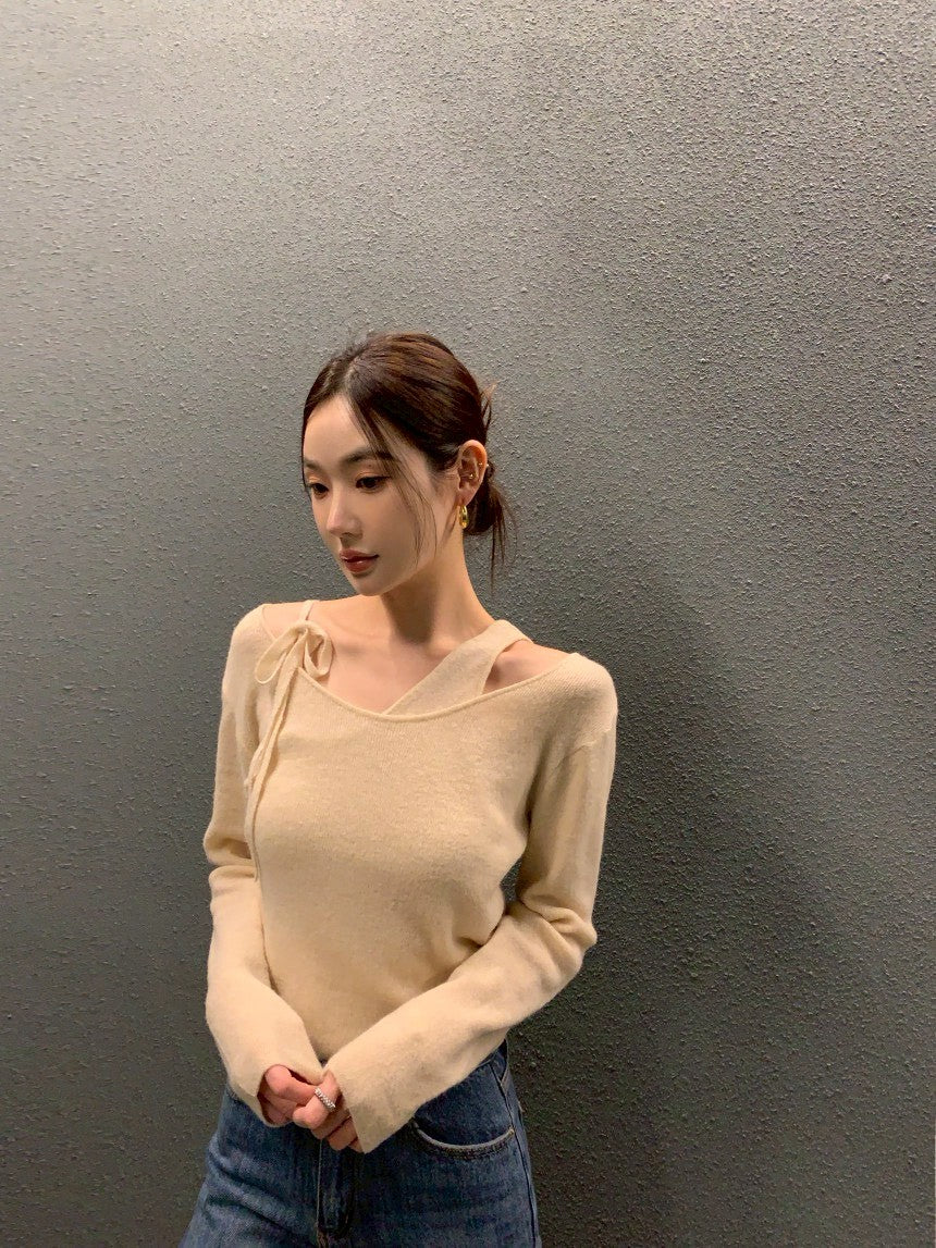 26Jun. 不規則設計針織拼接長袖上衣 杏/黑