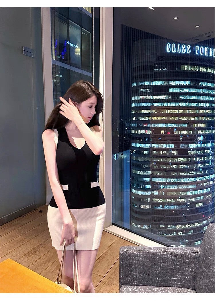 26Jun. 晝夜剪影小香黑白撞色針織連身裙
