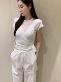 26Jun. 氣質捲邊透棉上衣綁帶背心2件組 白/黑
