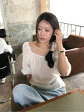 26Sep. 妮式慵懶 方領泡泡袖輕薄上衣 白/粉/藍