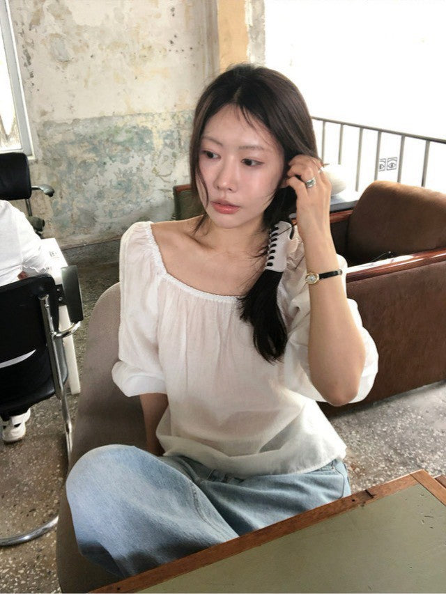 26Sep. 妮式慵懶 方領泡泡袖輕薄上衣 白/粉/藍