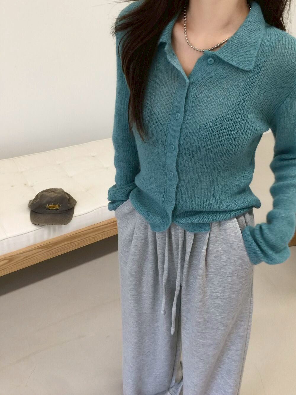 26Jun. 韓女慵懶感特殊機法微透視針織襯衫 湖藍/灰