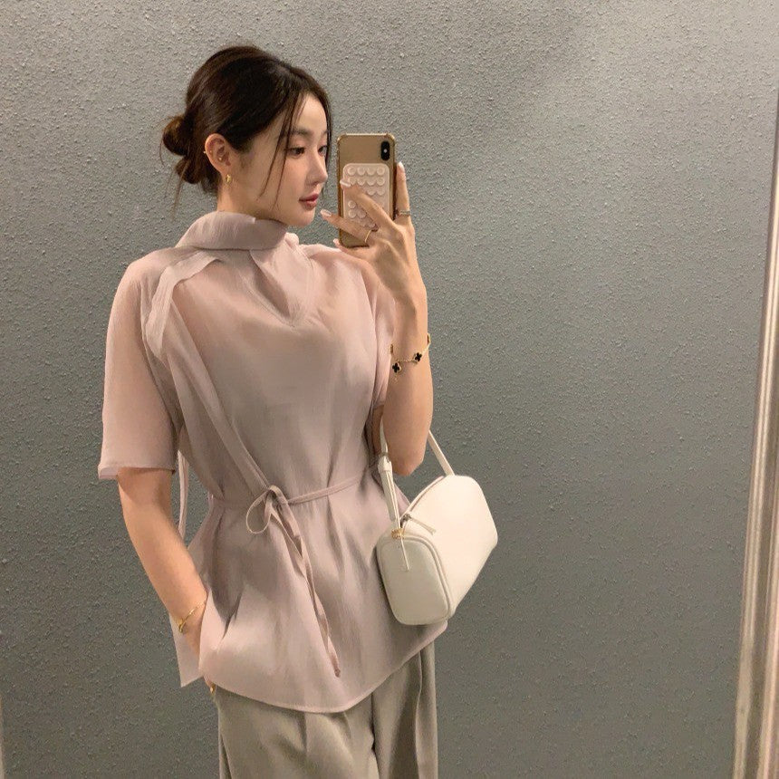 26Jun. 高級名門貴氣高領繫帶襯衫 裸粉/黑