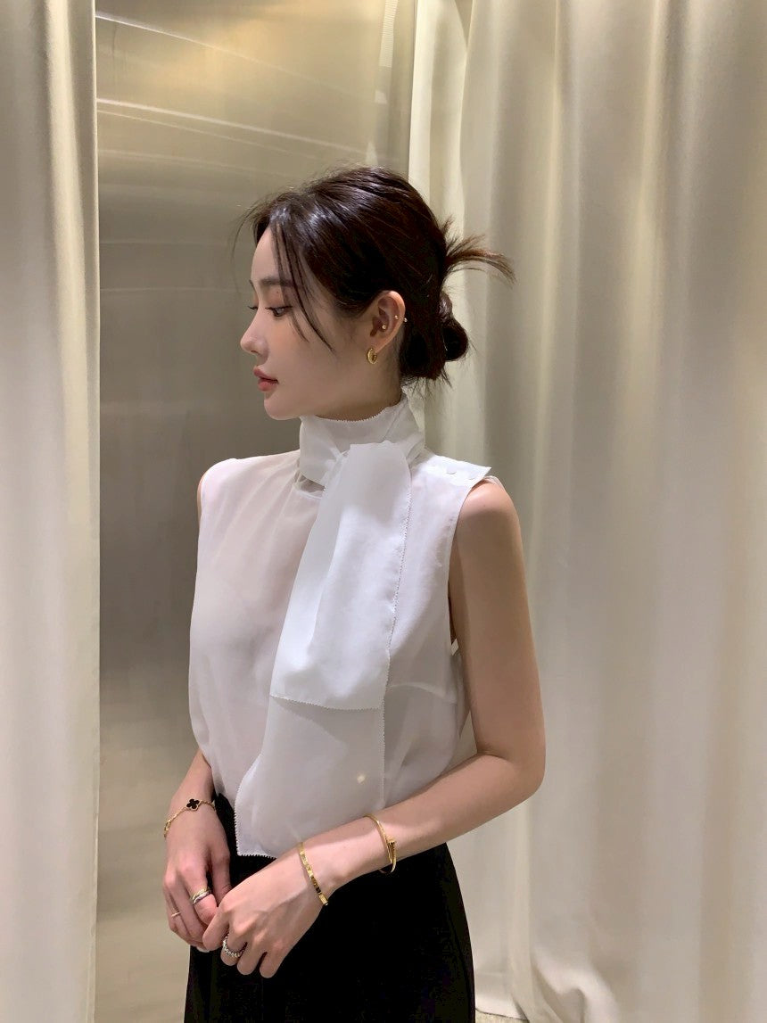 26Jun. 法式飄帶鈕扣直肩設計背心 白/黑