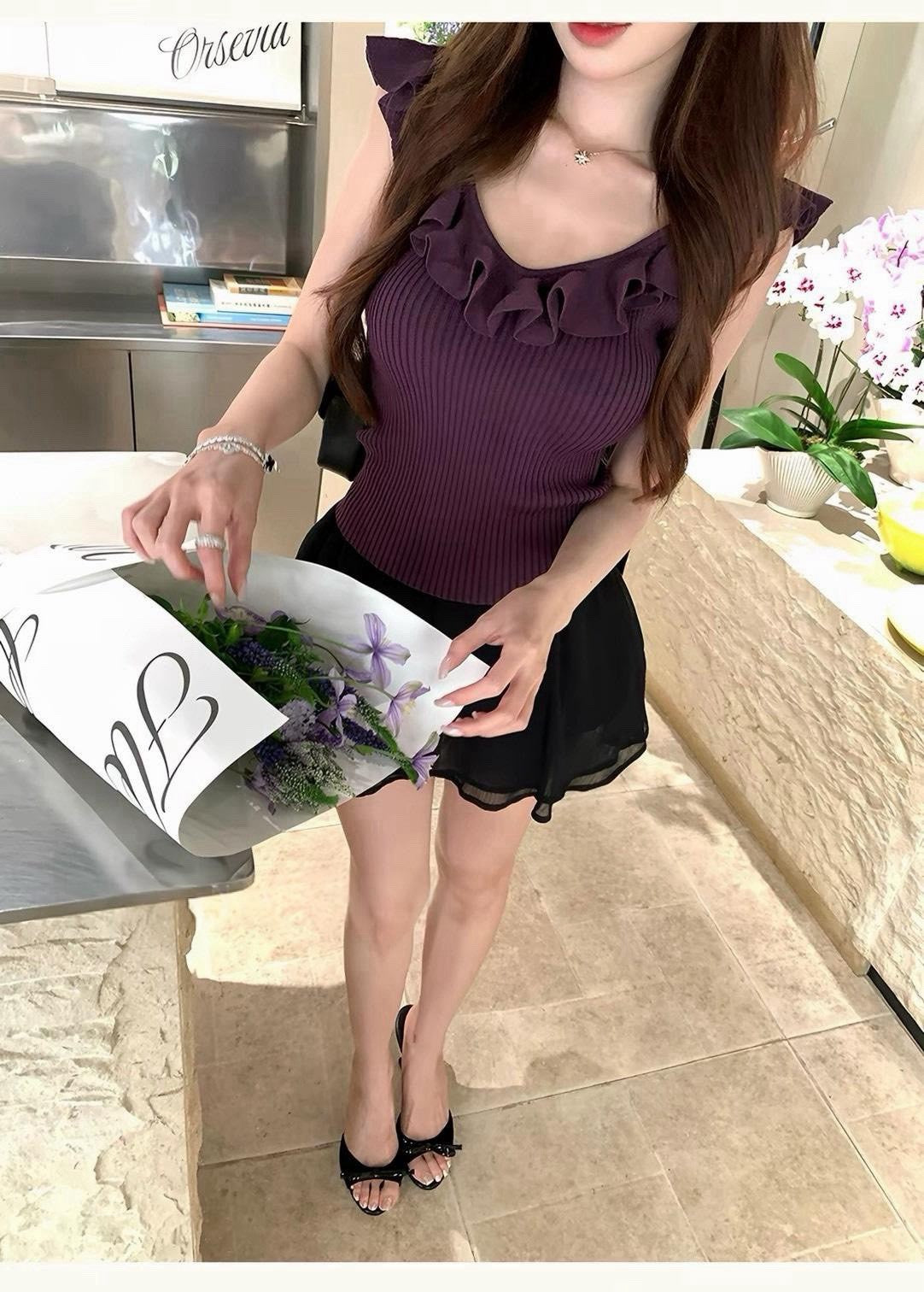 26Sep. 芭蕾zim顯白漿果系列荷葉針織上衣 紫/黃/綠