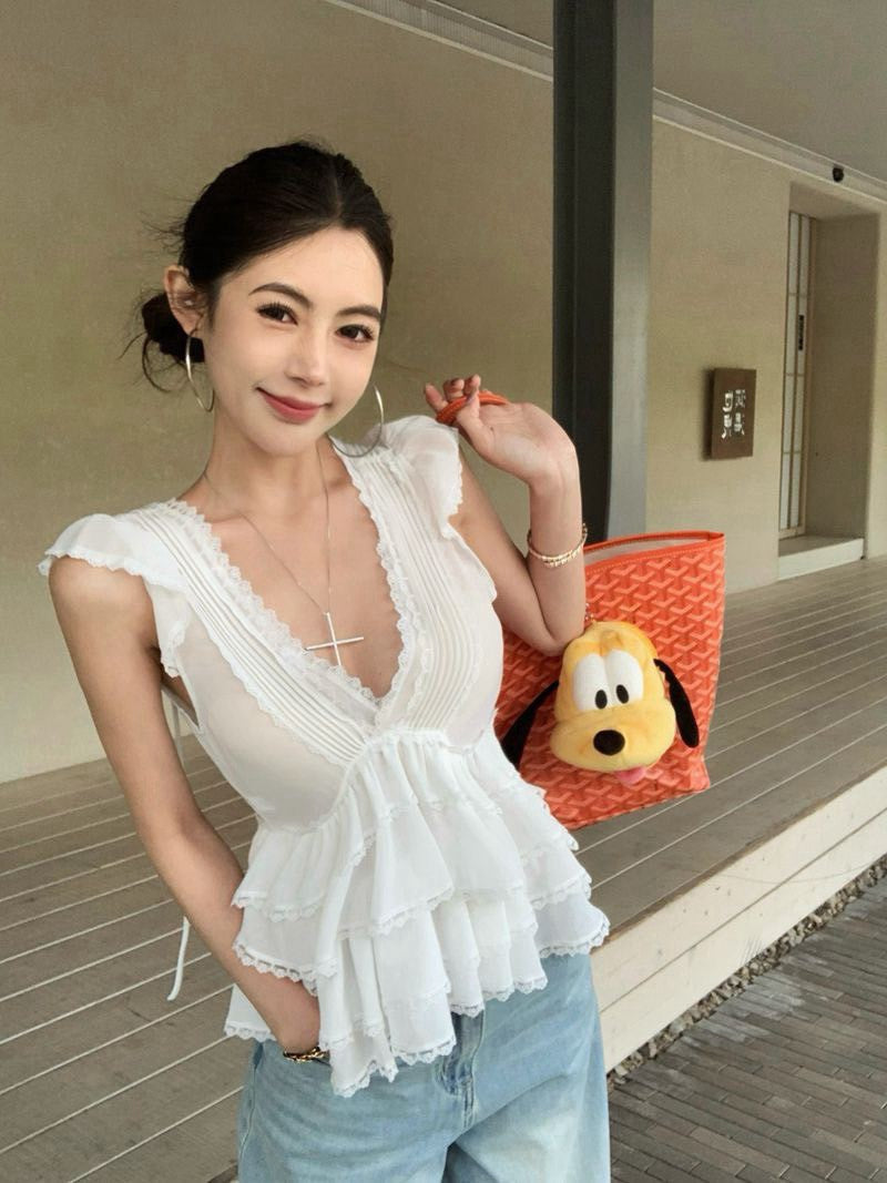 26Jun. 甜品少女低V領雪紡蛋糕上衣 白
