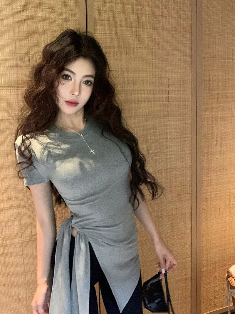 26Jun. 簡約圓領側腰開叉顯瘦上衣 灰/黑