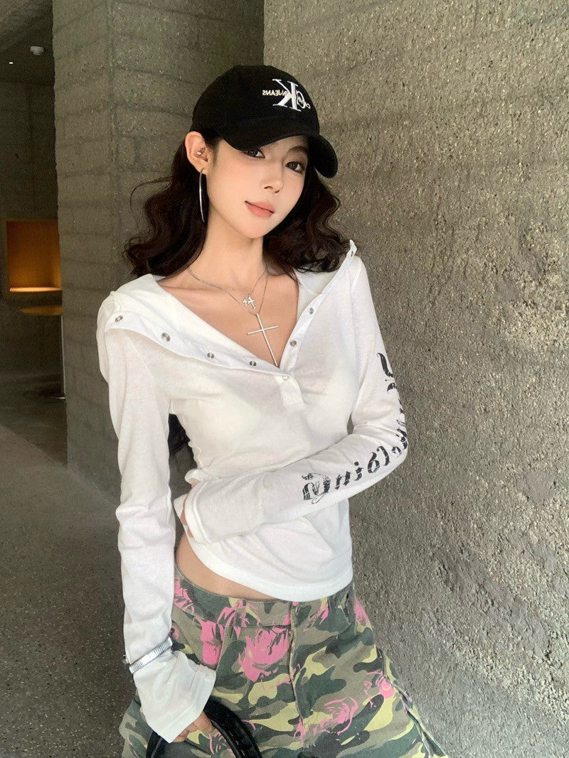 26Jun. 美式印花棉混麻連帽上衣 白/黑