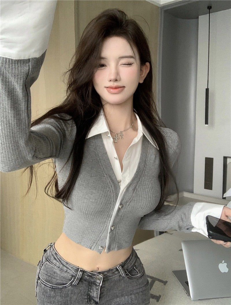 26Jun. 韓女秘書 假兩件撞色襯衫短款上衣 灰