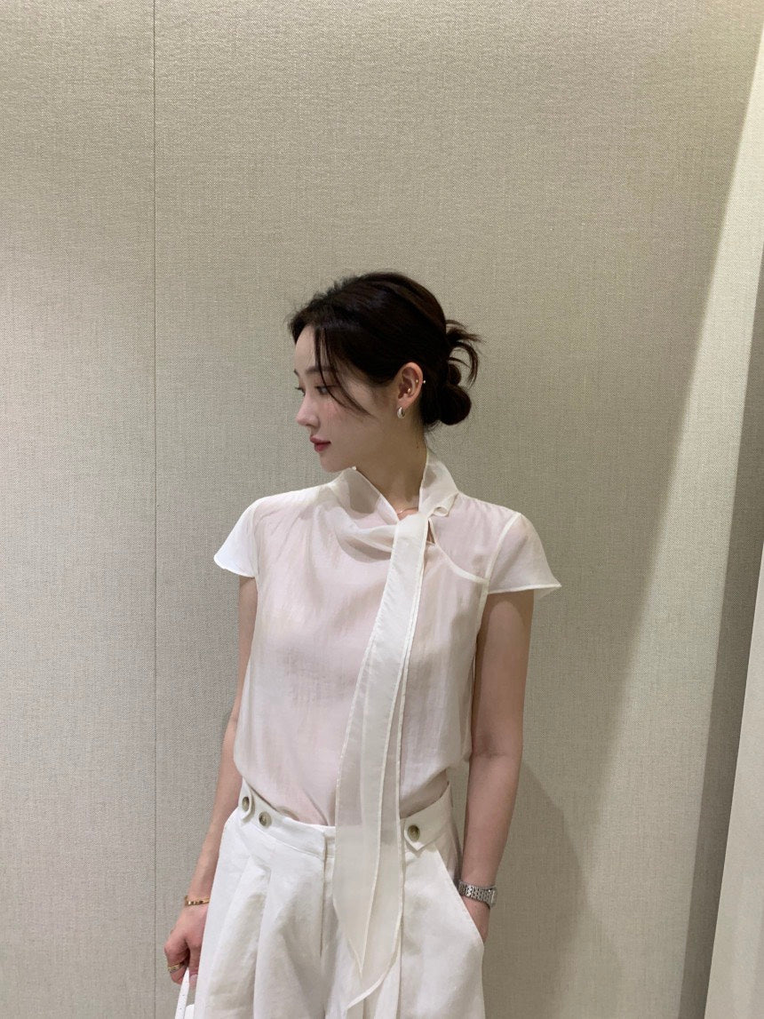 26Jun. 慵懶甜美繫帶領微透視上衣 米