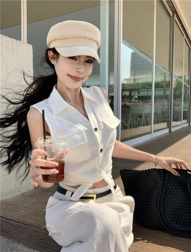 26Jun. 老錢vibe 高量亞麻簡約背心 高腰休閒褲 白
