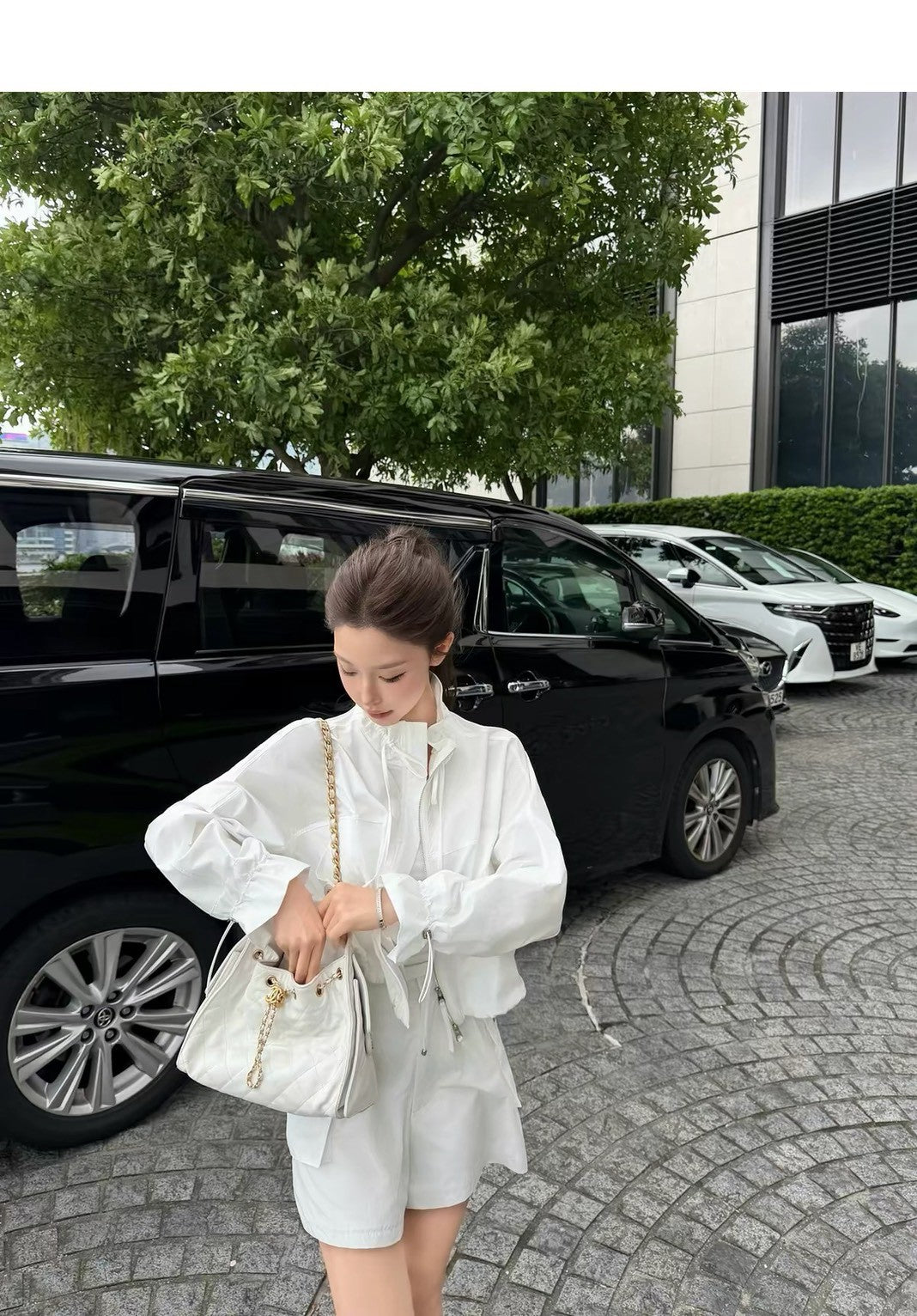 26Sep. 美式戶外 工裝休閒外套短褲套裝 白/藏藍