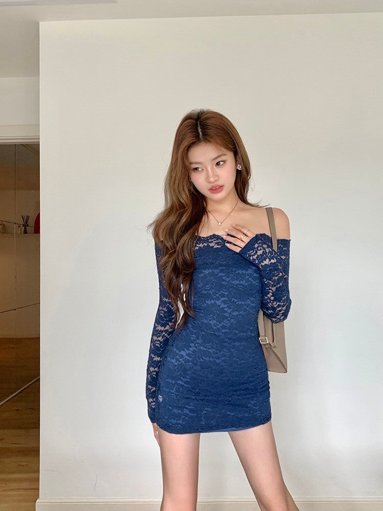 26Jun. 歐美性感蕾絲縷空一字領包臀裙 藍