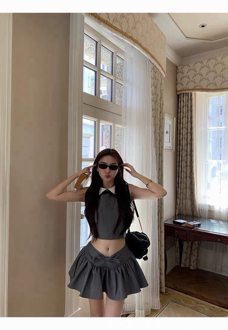 26Sep. 韓女甜美娃娃領蝴蝶結半身裙套裝 灰