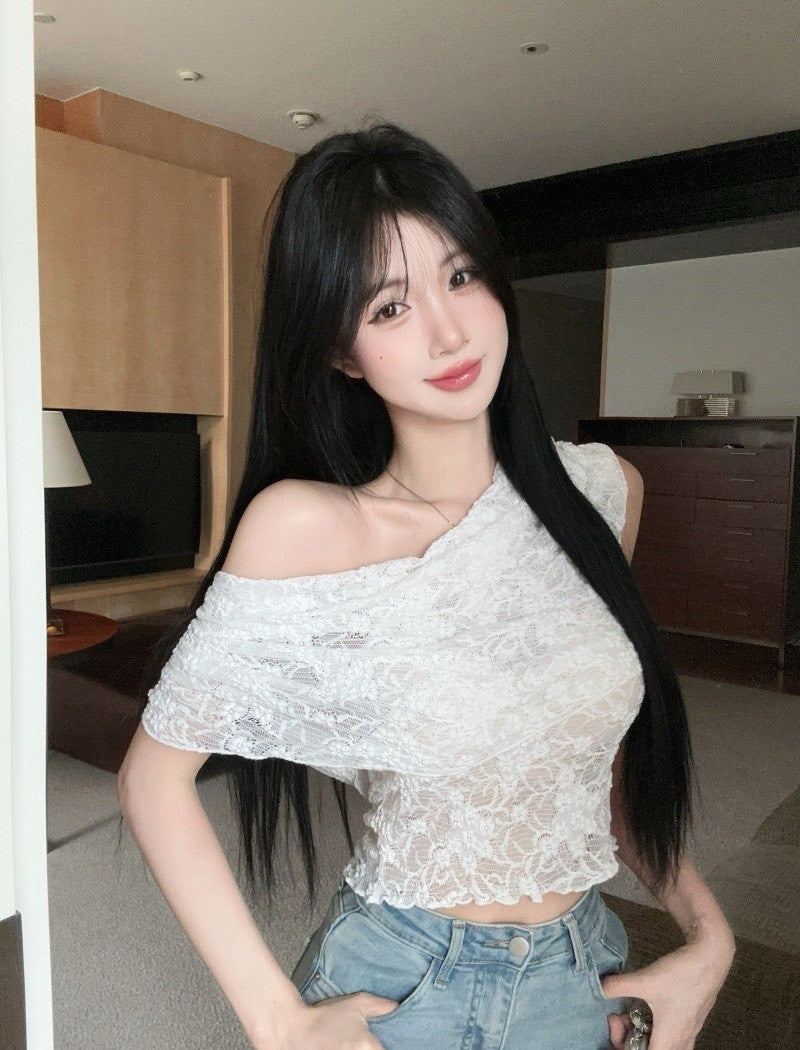 26Jun. 氣質斜肩蕾絲上衣 白