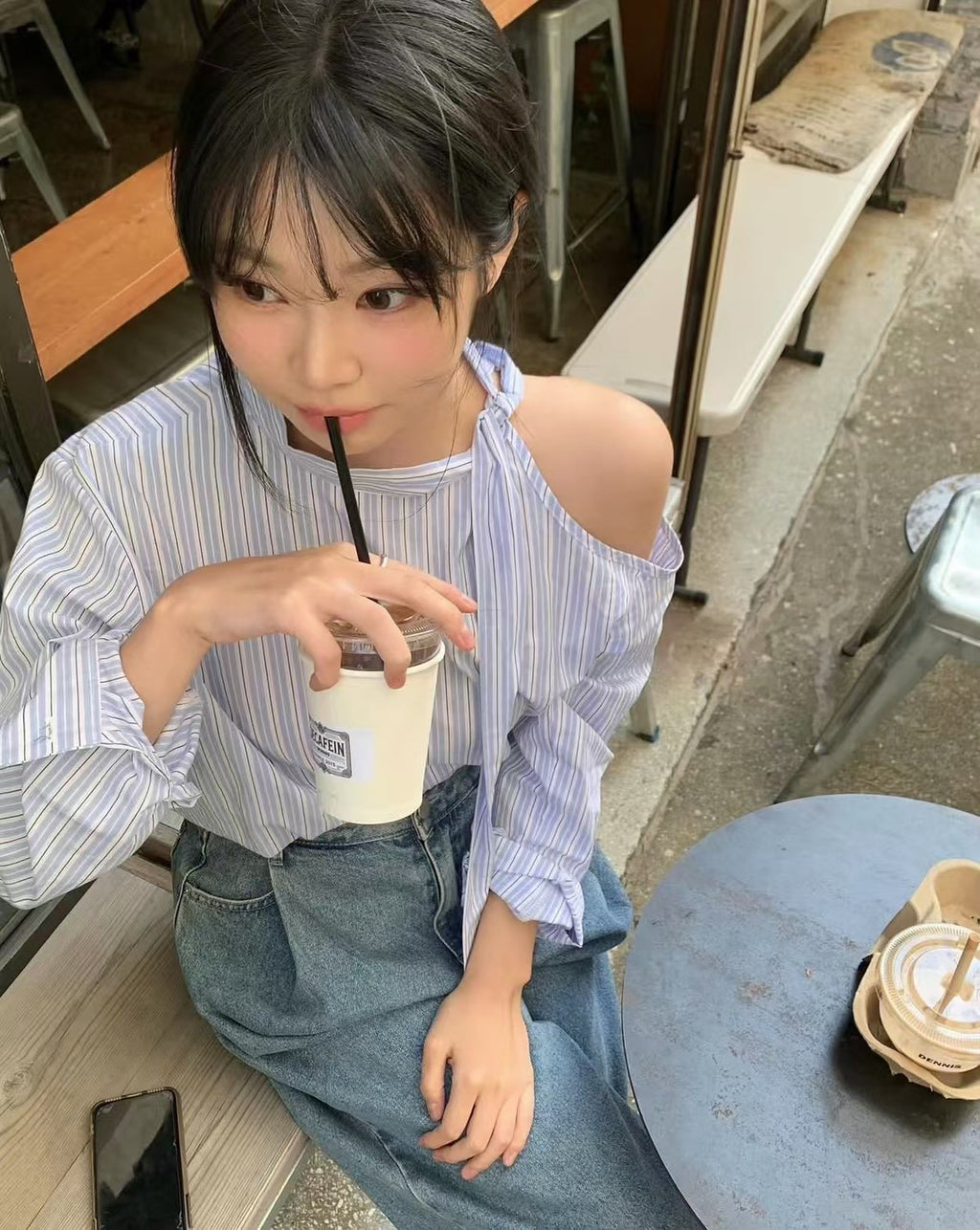 26Jun. 復古韓早春條紋綁帶露肩上衣 藍