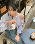 26Jun. 復古韓早春條紋綁帶露肩上衣 藍