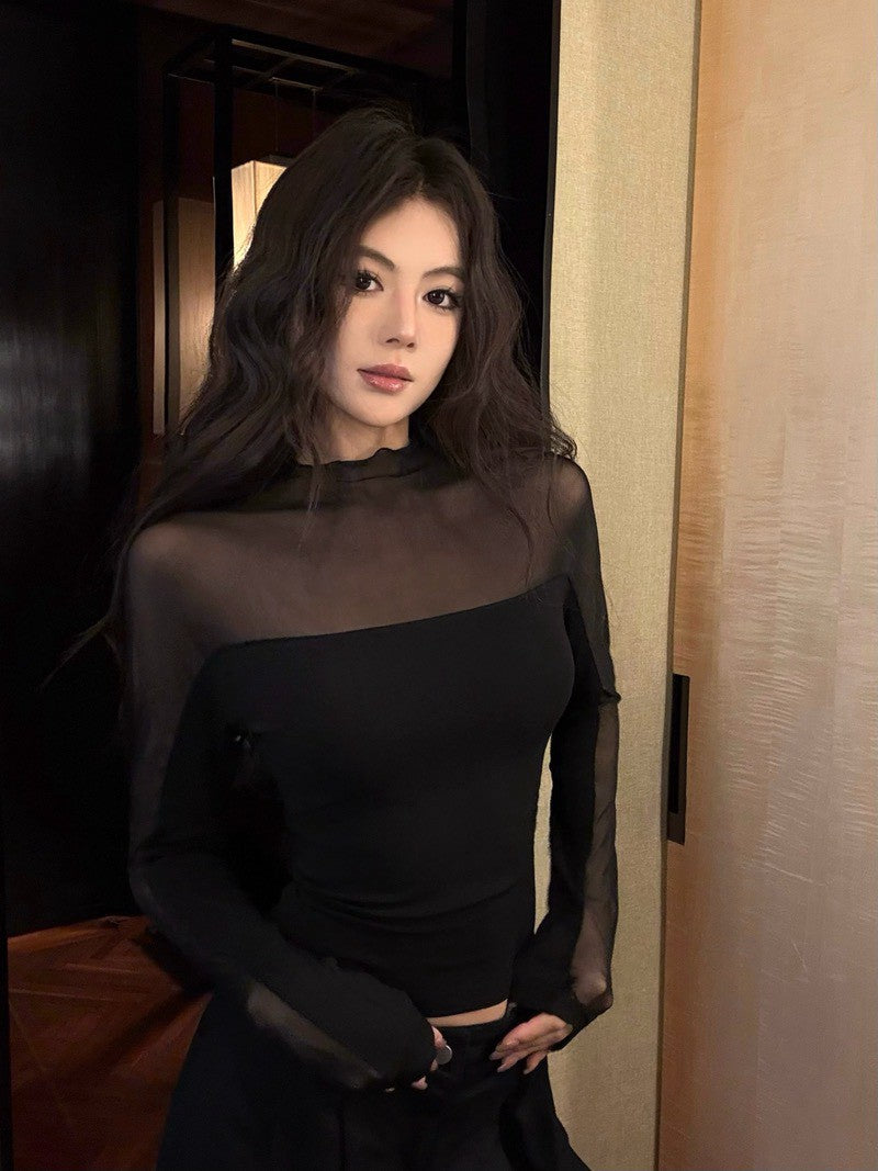 26Jun. 歐美性感透視感拼接刷毛上衣 黑