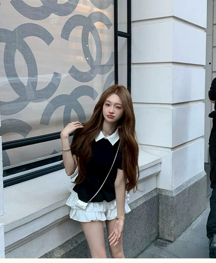 26Jun. 乖乖女日常 奶香翻領撞色襯衫 蛋糕小短裙