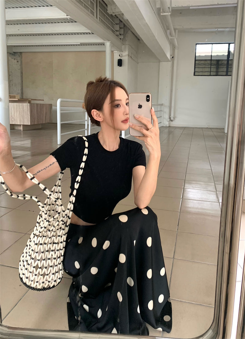 26Jun. 復古大波點傘狀半身裙 百搭修身後背設計上衣 黑