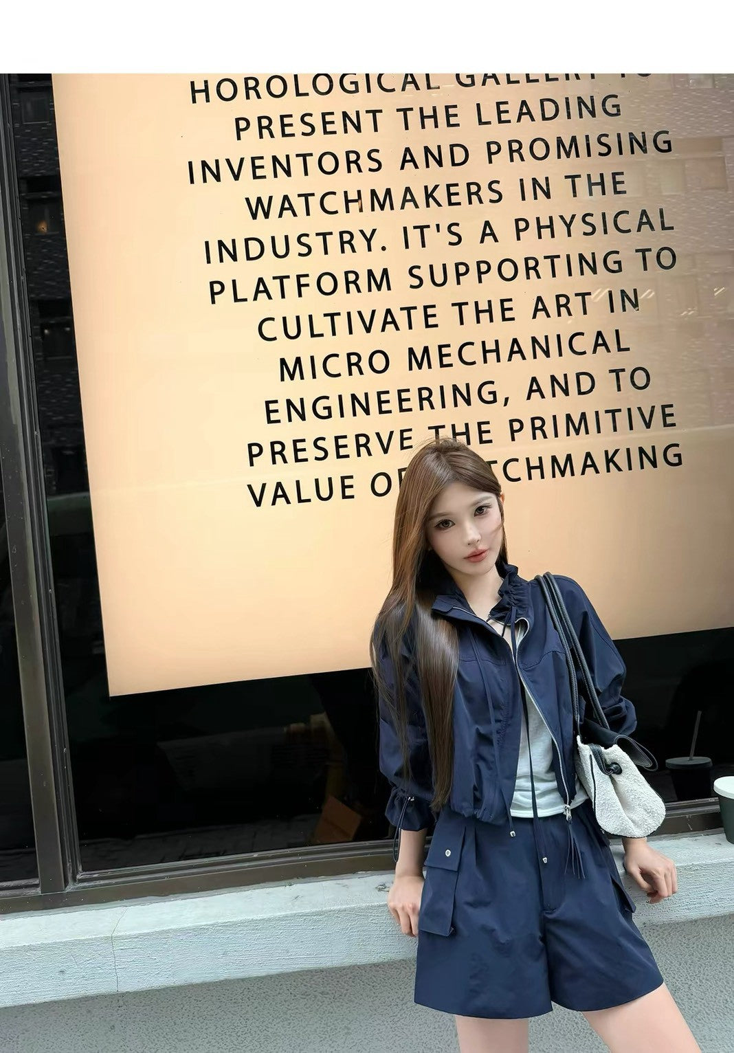 26Sep. 美式戶外 工裝休閒外套短褲套裝 白/藏藍