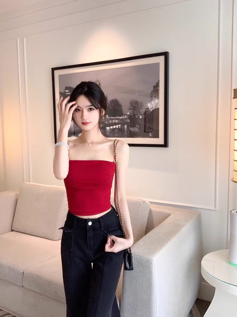 26Jun. 春夏薄款帶胸墊抓皺顯瘦背心 白/紅