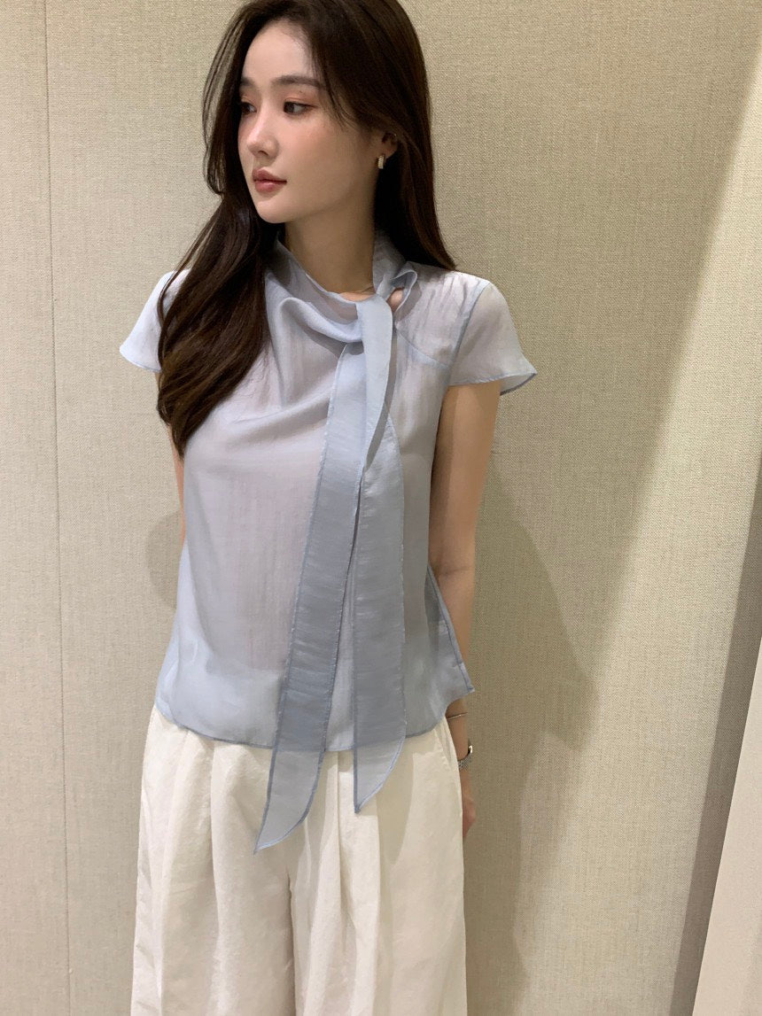 26Jun. 慵懶甜美繫帶領微透視上衣 粉/藍