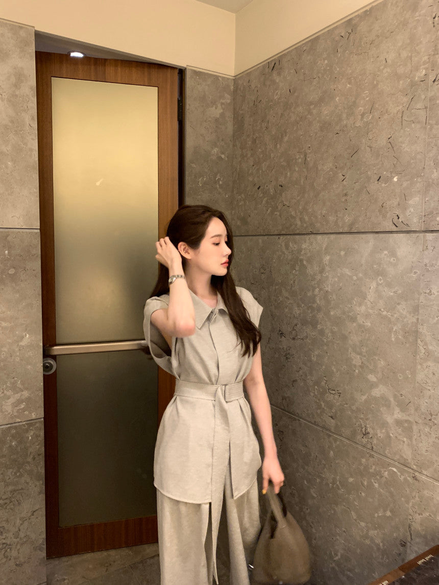 26Jun. 韓系女主氣質翻領長款襯衫闊腿褲套裝 卡其