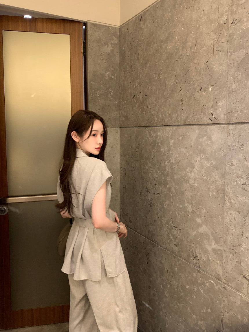 26Jun. 韓系女主氣質翻領長款襯衫闊腿褲套裝 卡其