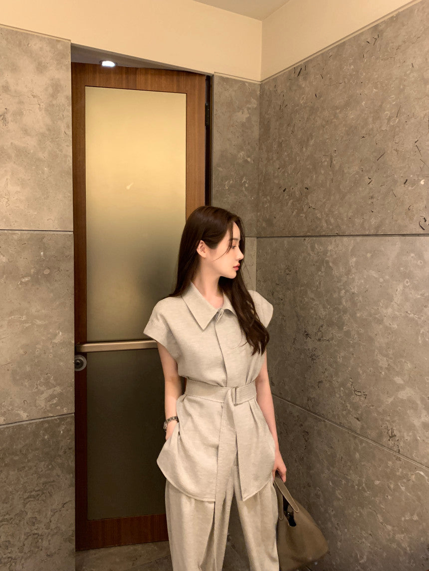 26Jun. 韓系女主氣質翻領長款襯衫闊腿褲套裝 卡其