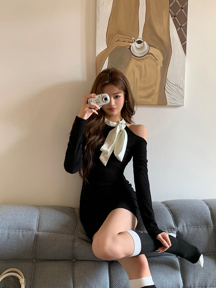 26Jun. 小性感 女伶風露肩拼接綁帶連身裙 黑